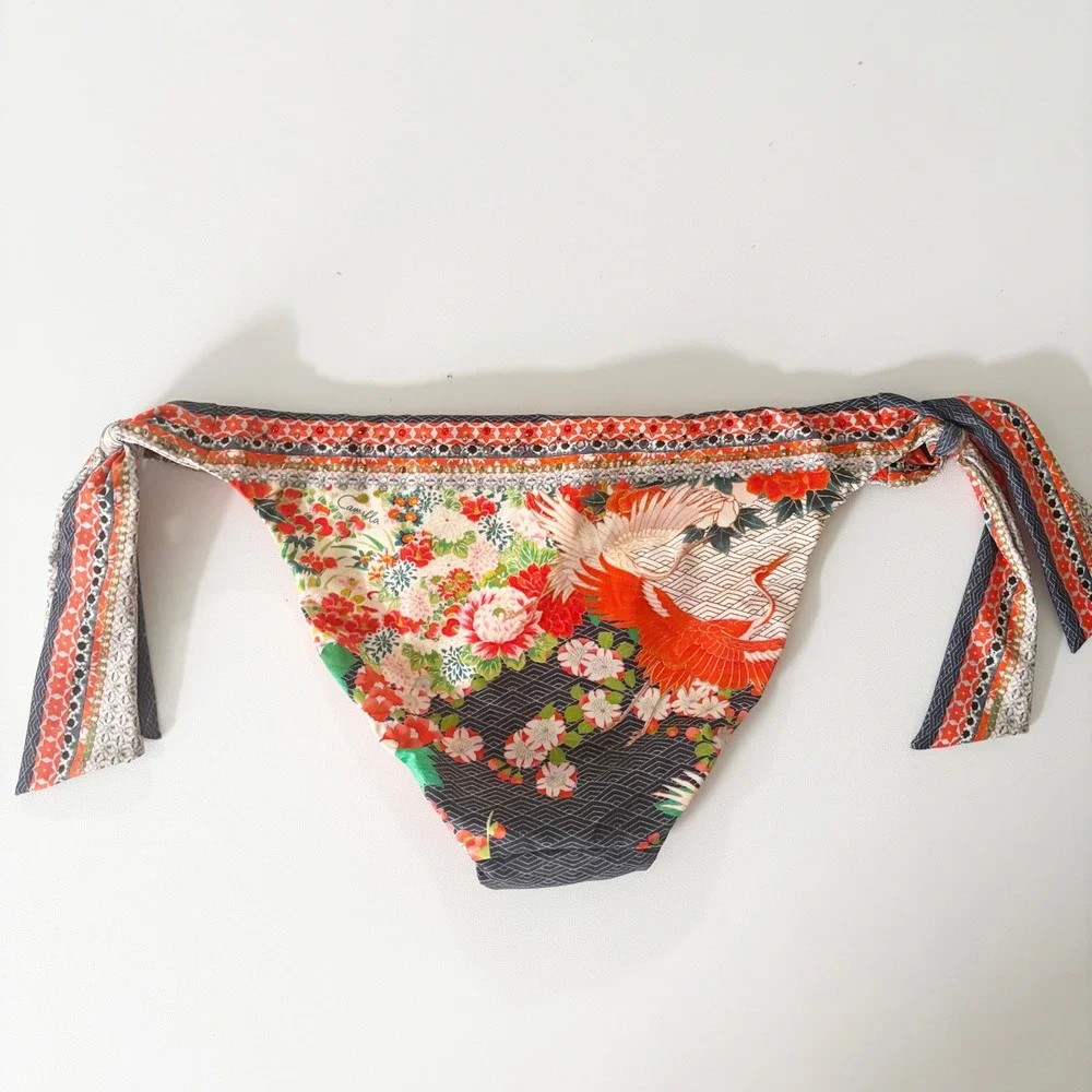 Camilla Womens Crystal Embellished Boho Crane Print Side Tie Bikini Bottom XS